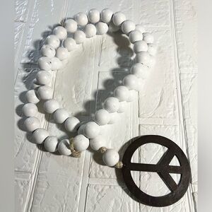 Large 1” white wooden Beads with Peace charm home decor 32” long